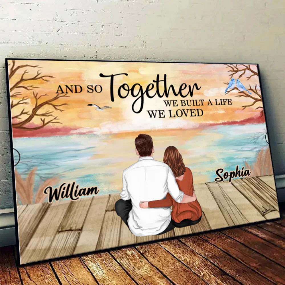Poster - Back-View Couple at Sunset Lake, Custom Romantic Art with 'And so together' Quote, Unique Gift for Couples - Image 2