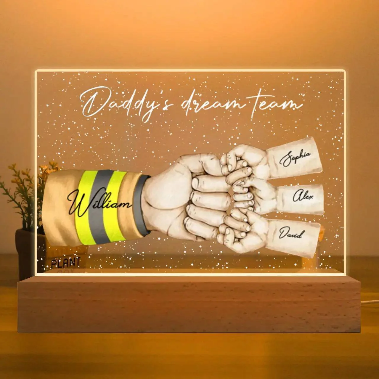 “Daddy's Dream Team” - Personalized Fist Bump Acrylic LED Night Light Plaque- Ideal Father's Day Gift - Image 2