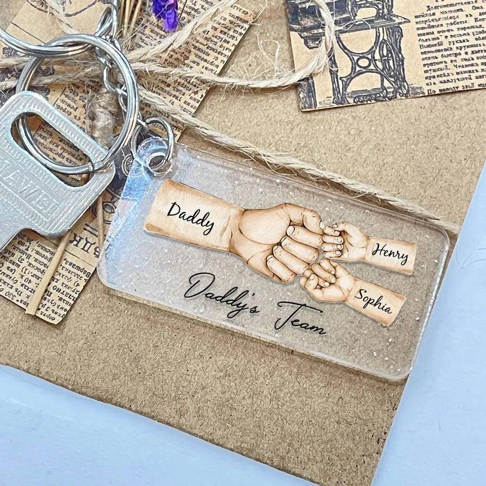 “Daddy's Dream Team” - Personalized Fist Bump Acrylic Or Wooden Keychain- Ideal Father's Day Gift - Image 6