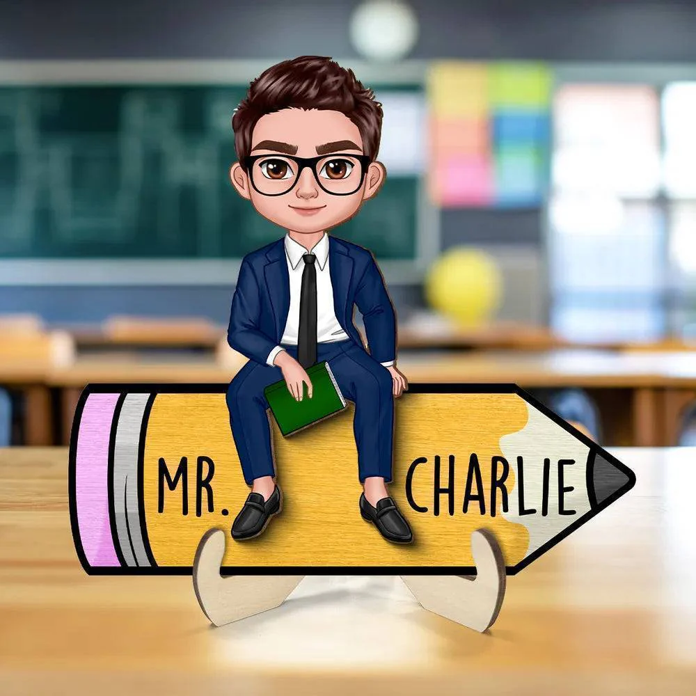Doll Teacher Sitting On Pencil Personalized Wooden & Acrylic Plaque/Keychain - Back To School Gift For Teacher, Office Decor - Image 5