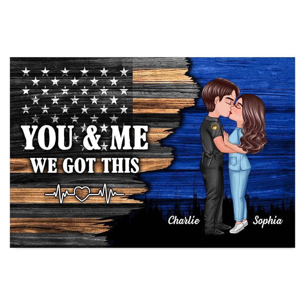 Hero Couple Kissing Half Flag Gifts by Occupation Firefighter, Nurse, Police Officer - Personalized Horizontal Poster or Canvas or Plaque or Pillow or Wallet or Wallet Card or Cap or Cup - Image 2