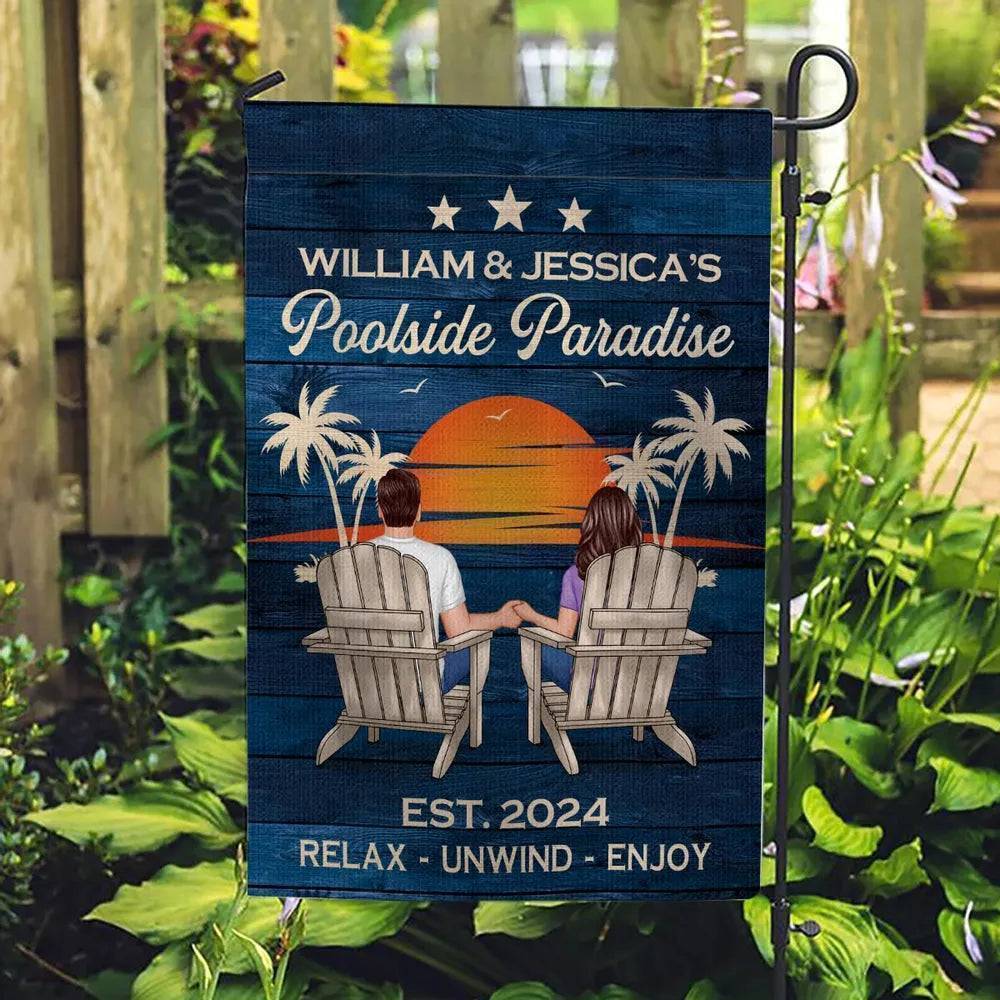 Relaxing Poolside Paradise Decor with Optional Flag Background Couple Sitting Personalized Sign, Flag, Vase - Perfect for Garden, Housewarming, Birthday, Anniversary Gift for Him, Her - Image 11