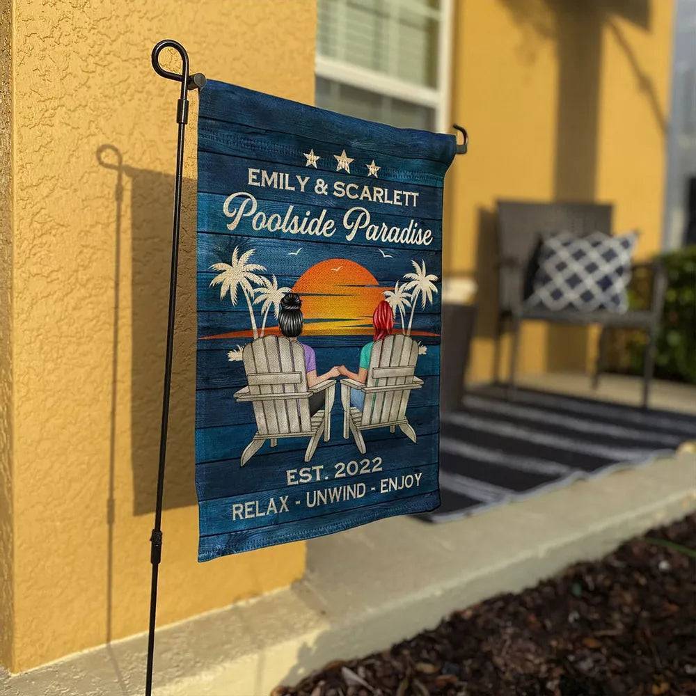 Relaxing Poolside Paradise Decor with Optional Flag Background Couple Sitting Personalized Sign, Flag, Vase - Perfect for Garden, Housewarming, Birthday, Anniversary Gift for Him, Her - Image 12