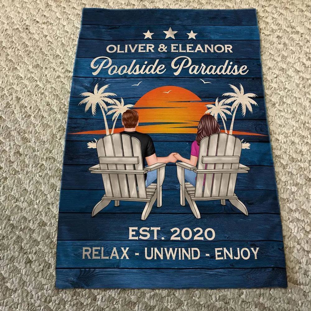 Relaxing Poolside Paradise Decor with Optional Flag Background Couple Sitting Personalized Sign, Flag, Vase - Perfect for Garden, Housewarming, Birthday, Anniversary Gift for Him, Her - Image 14