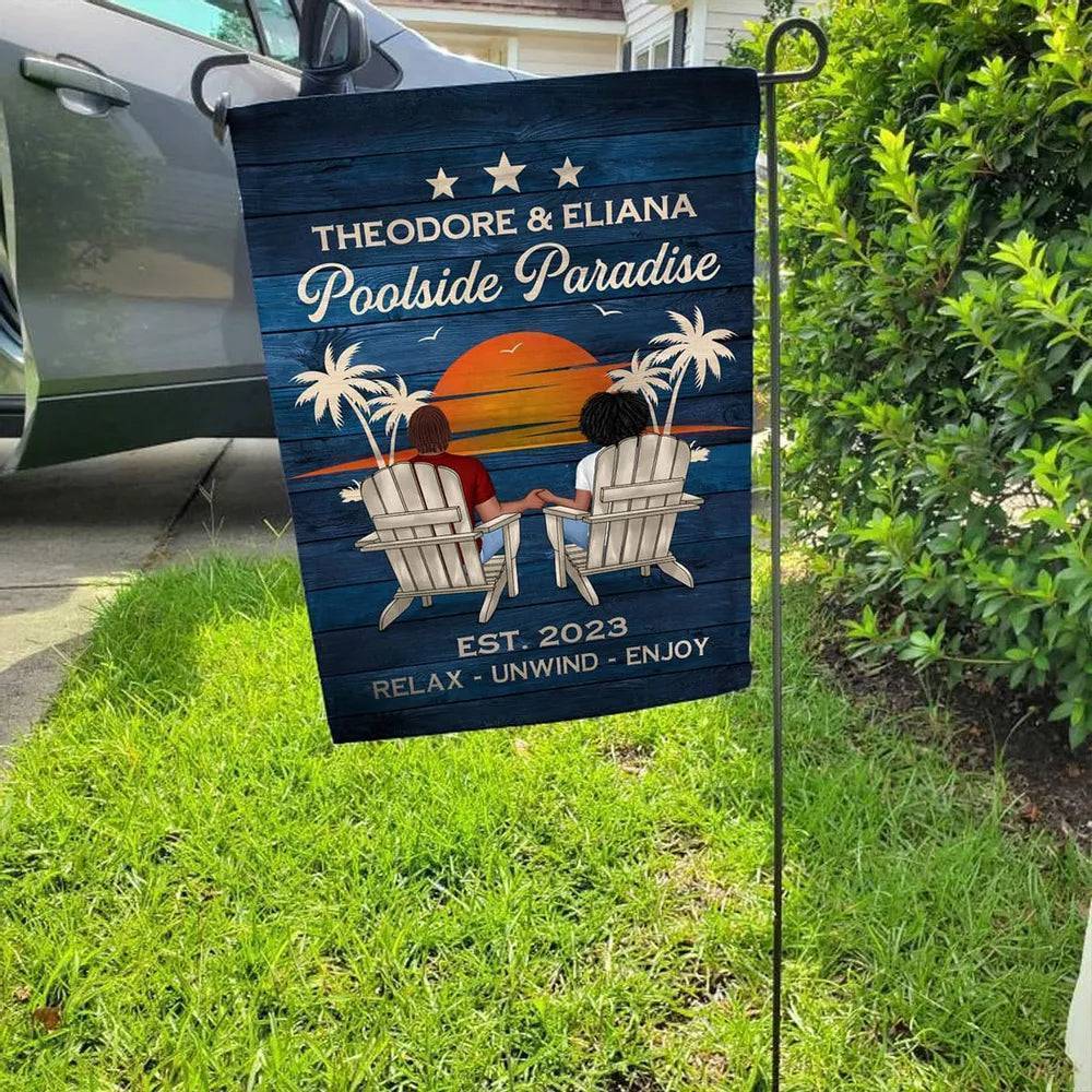 Relaxing Poolside Paradise Decor with Optional Flag Background Couple Sitting Personalized Sign, Flag, Vase - Perfect for Garden, Housewarming, Birthday, Anniversary Gift for Him, Her - Image 15