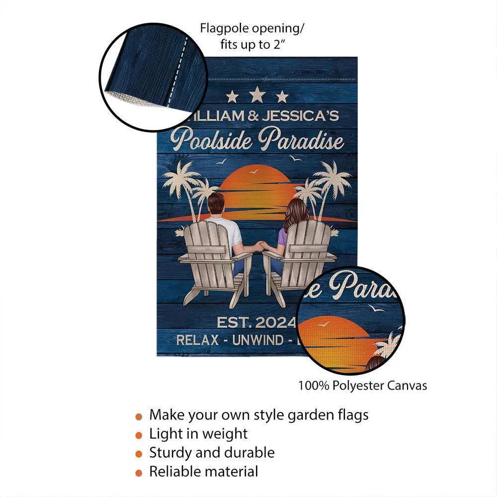 Relaxing Poolside Paradise Decor with Optional Flag Background Couple Sitting Personalized Sign, Flag, Vase - Perfect for Garden, Housewarming, Birthday, Anniversary Gift for Him, Her - Image 17