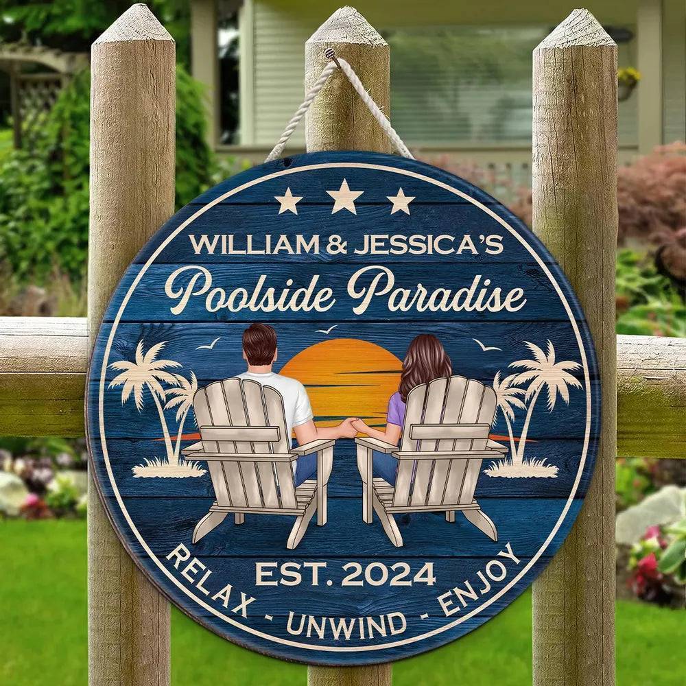 Relaxing Poolside Paradise Decor with Optional Flag Background Couple Sitting Personalized Sign, Flag, Vase - Perfect for Garden, Housewarming, Birthday, Anniversary Gift for Him, Her - Image 3