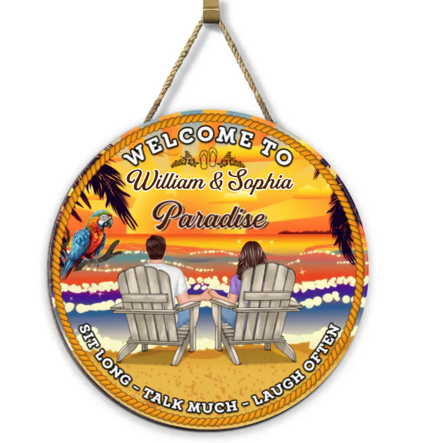 Relaxing Poolside Paradise Decor with Optional Flag Background Couple Sitting Personalized Sign, Flag, Vase - Perfect for Garden, Housewarming, Birthday, Anniversary Gift for Him, Her - Image 4