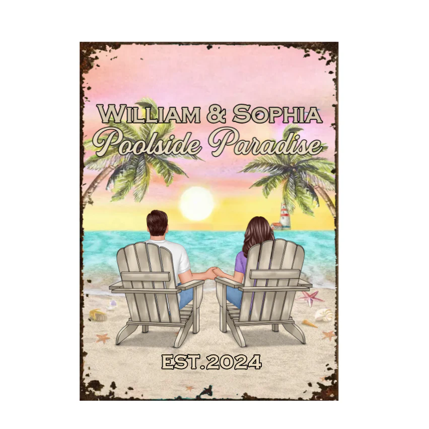 Relaxing Poolside Paradise Decor with Optional Flag Background Couple Sitting Personalized Sign, Flag, Vase - Perfect for Garden, Housewarming, Birthday, Anniversary Gift for Him, Her - Image 8