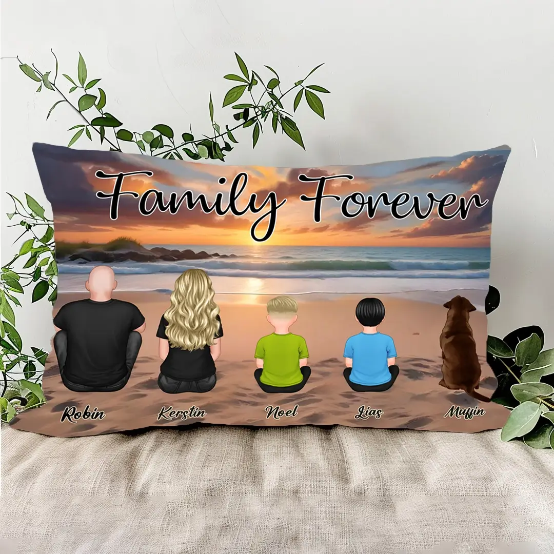 Beach Landscape Family Sitting Back View - Personalized Pillow or Keychain or Poster or Plaque or Car Hanger or Wallet or Wallet Card or Cap or Cup - Ideal Gift for Loved Ones