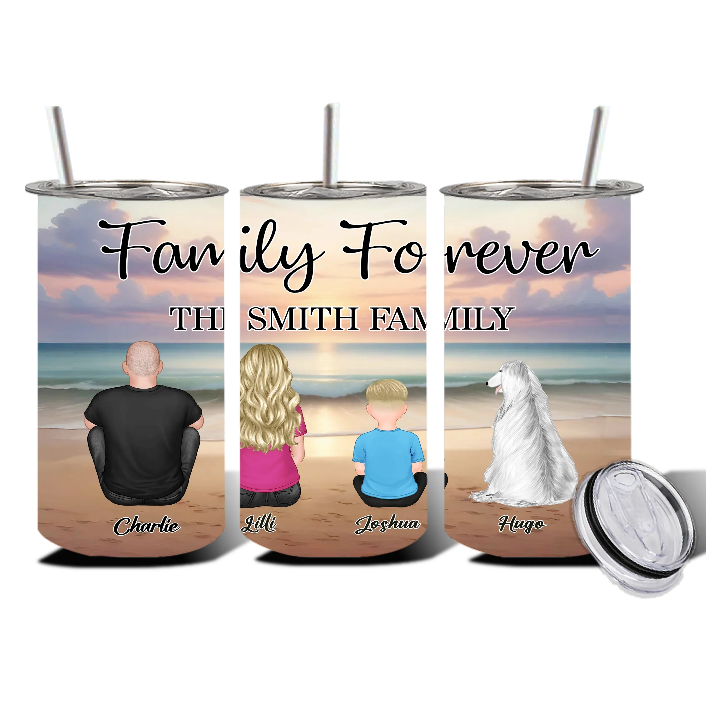 Family Forever Beach Design - Personalized Straight-Sided Cup, Wallet Card, Blanket, Cotton Tote Bag, Wooden Carhanger, LED Plaque, Keychain and Poster, Unique Gift