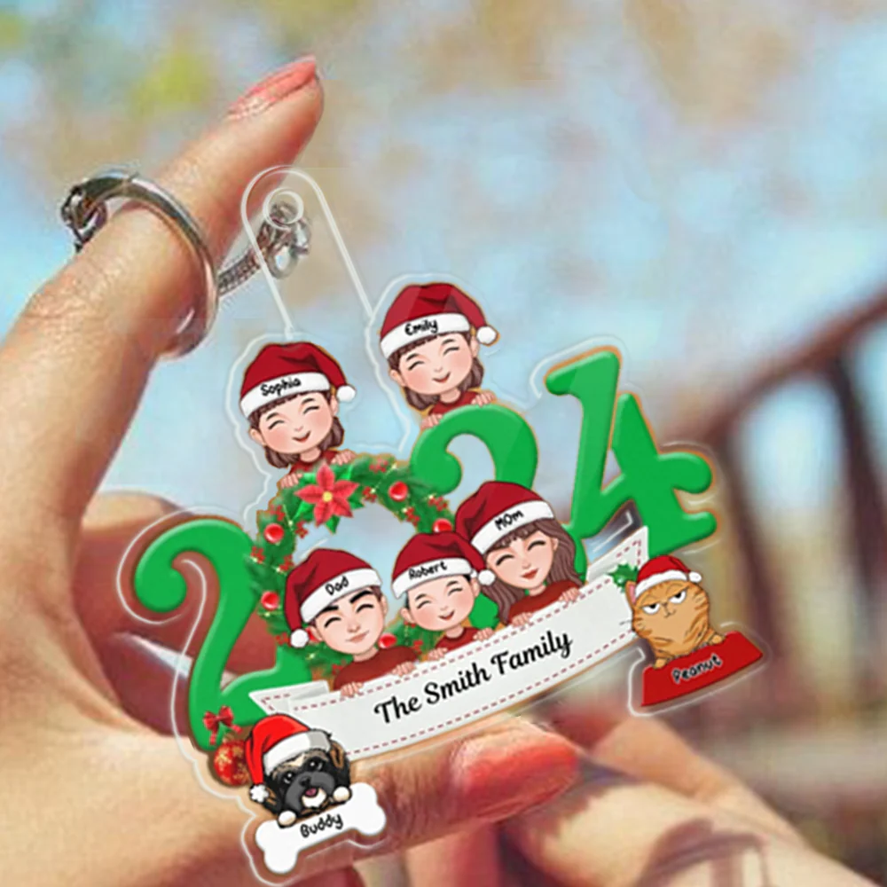 Family and Pets Peeking 2024 Personalized Ornament, Sign, Sticker, Plaque - Perfect Gift for the Holiday Season