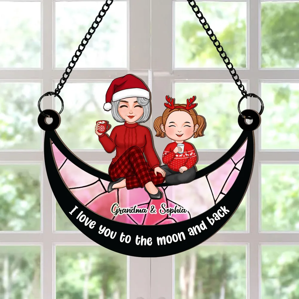 Grandma Grandkid On Moon Personalized Window Hanging Suncatcher Ornament, Christmas Gift For Granddaughter Grandson - Image 3