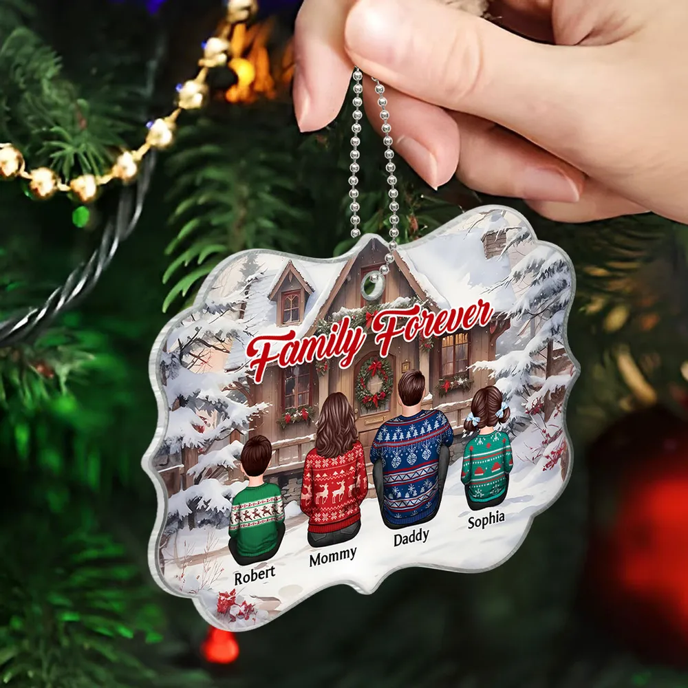 Snow House Back View Family Sitting Personalized Ornament or Poster or Plaque or Keychain - Image 3