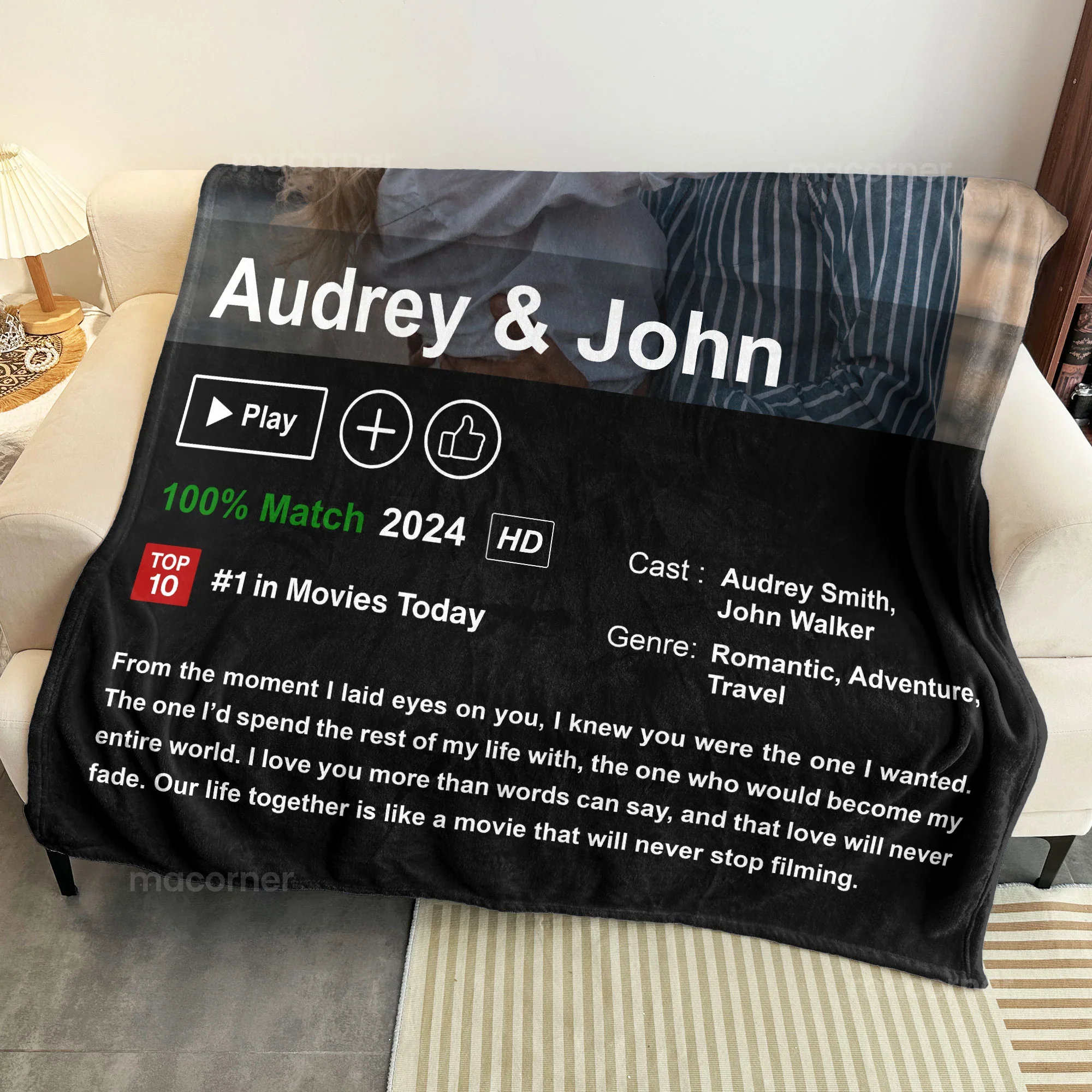 Personalized Loveflix Poster, Blanket, Plaque - Romantic Gift for Couples - Celebrate Your Romance Like a Blockbuster Movie - Image 4