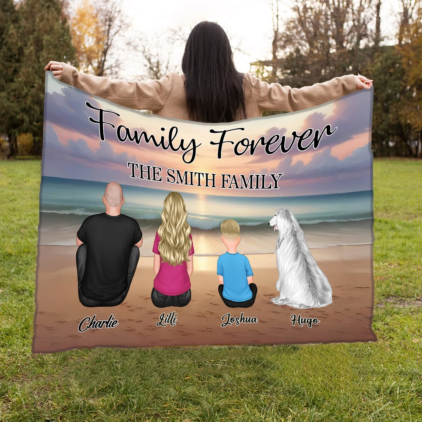 Family Forever Beach Design - Personalized Wallet Card, Blanket, Cotton Tote Bag, Wooden Carhanger, LED Plaque, Keychain and Poster, Unique Gift - Image 2