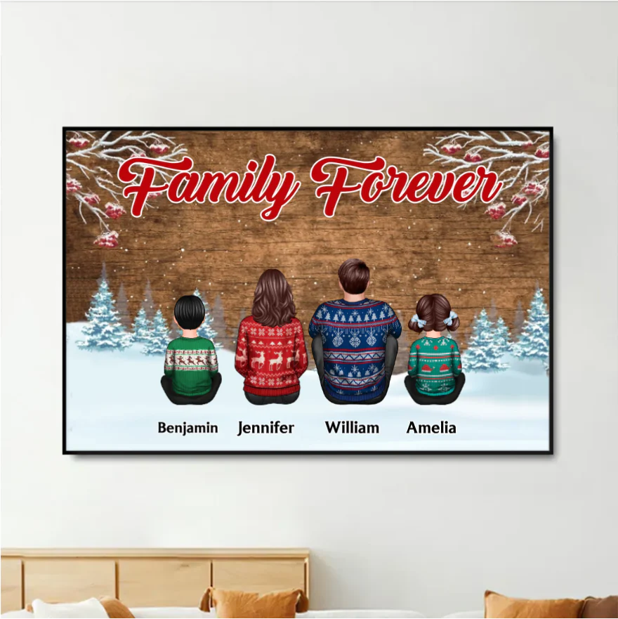 Snow House Back View Family Sitting Personalized Poster or Ornament or Keychain or Plaque - Image 2