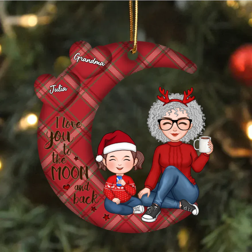 Grandma & Grandkid Sitting On Heart Pattern Moon - Personalized Ornament or Keychain or Plaque