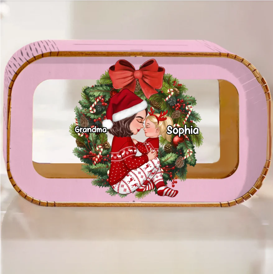 Grandma Mom Hugging Kid Sitting On Christmas Wreath Personalized Piggy Bank or Ornament or Plaque or Keychain or Poster