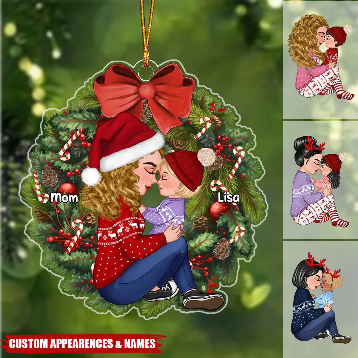 Grandma Mom Hugging Kid Sitting On Christmas Wreath Personalized Ornament or Plaque or Keychain or Poster - Image 2