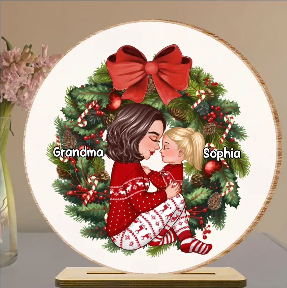Grandma Mom Hugging Kid Sitting On Christmas Wreath Personalized Ornament or Plaque or Keychain or Poster - Image 7