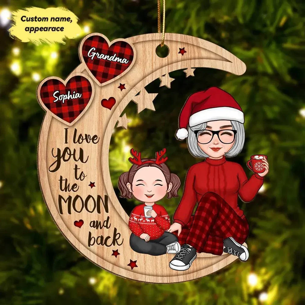 Grandma & Grandkid Sitting On Heart Pattern Moon - Personalized Ornament or Plaque or Keychain - Image 3
