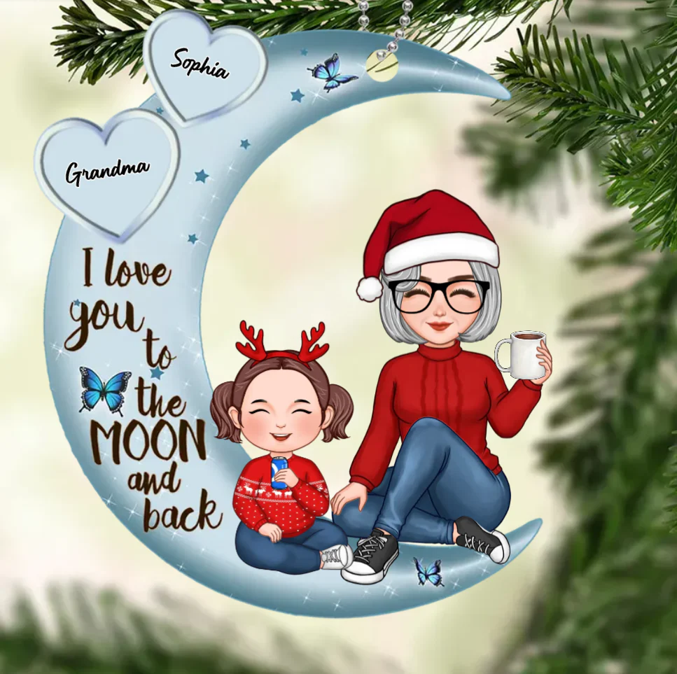 Grandma & Grandkid Sitting On Heart Pattern Moon - Personalized Ornament Or Plaque - Image 4