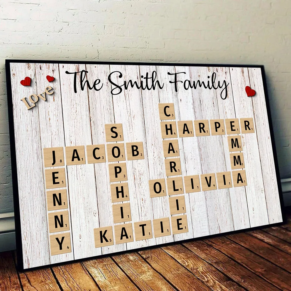 Personalized Family Crossword Poster, Plaque, or Ornament – Custom Family Names Gift for Home Décor and Special Occasions