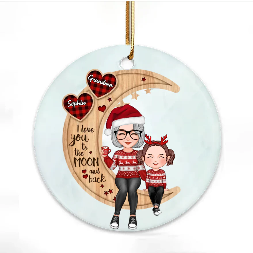 Christmas - Cute Grandma & Grandkid Sitting On Moon - Personalized Pillow or Ornament or Keychain or Plaque or Sign - Image 6