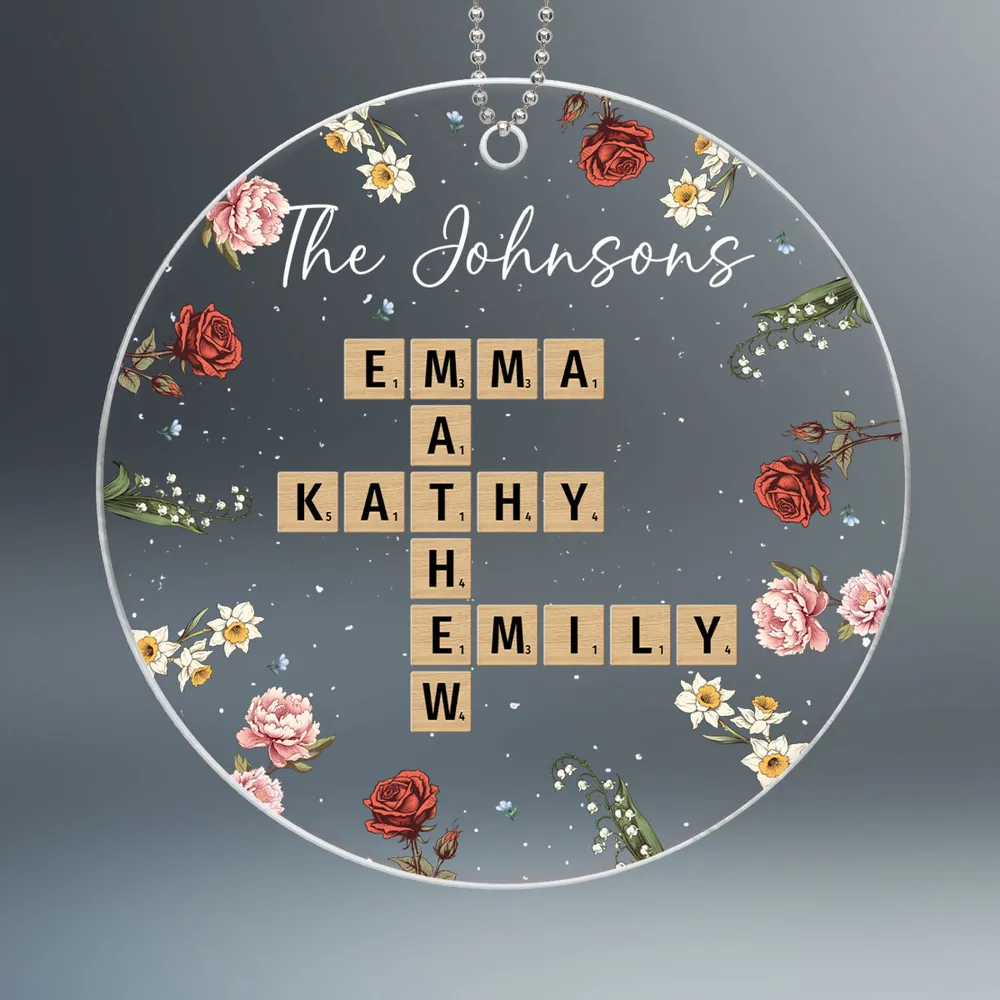 Family Crossword Puzzle Art Birth Month Flower Personalized Acrylic Ornament - Image 2
