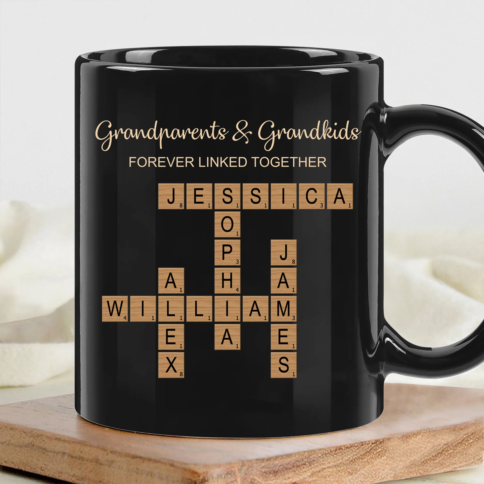Grandparents & Grandkids Forever Linked Together Crossword Puzzle Personalized Mug, Heartfelt Holiday Gift to Show Your Love, Perfect for Christmas Morning