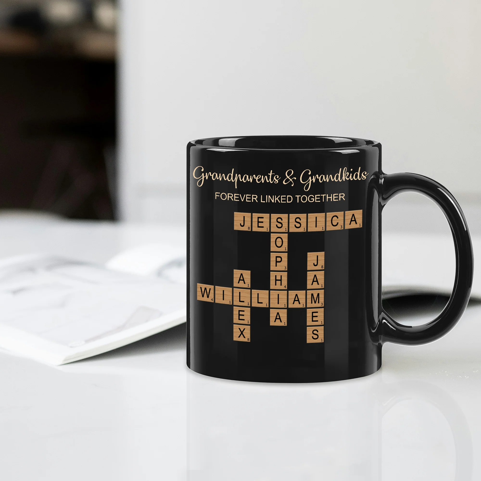 Grandparents & Grandkids Forever Linked Together Crossword Puzzle Personalized Mug, Heartfelt Holiday Gift to Show Your Love, Perfect for Christmas Morning - Image 2