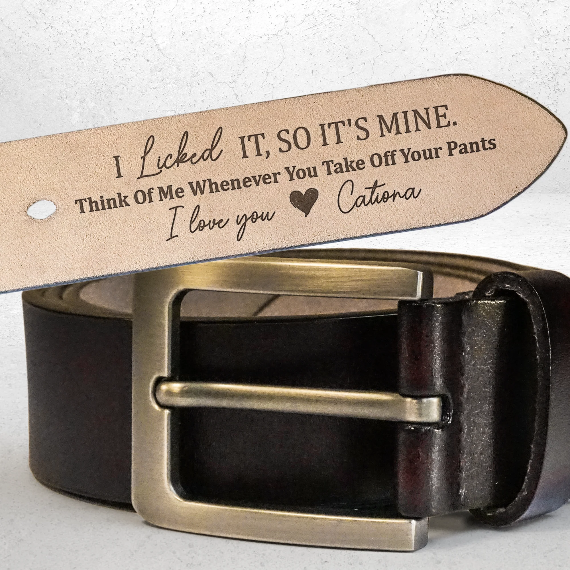 "Personalized Leather Belt – 'I Licked It, So It’s Mine' Custom Message – A Fun and Romantic Gift for Valentine’s Day or Special Occasions" - Image 5