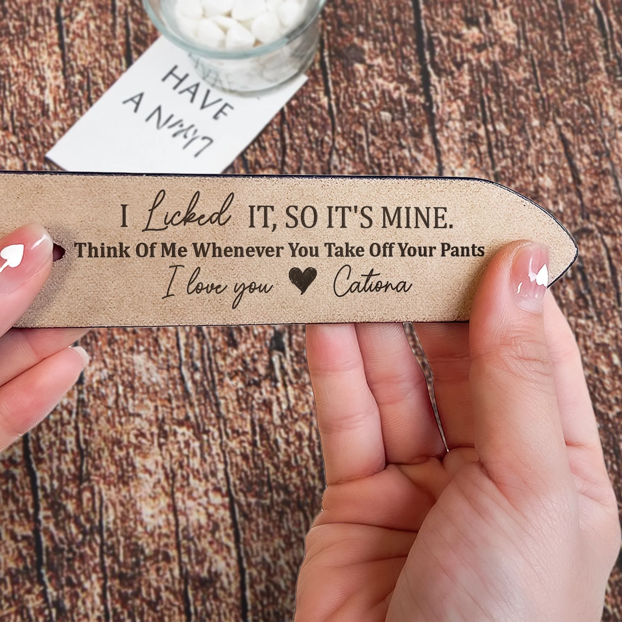 "Personalized Leather Belt – 'I Licked It, So It’s Mine' Custom Message – A Fun and Romantic Gift for Valentine’s Day or Special Occasions" - Image 7