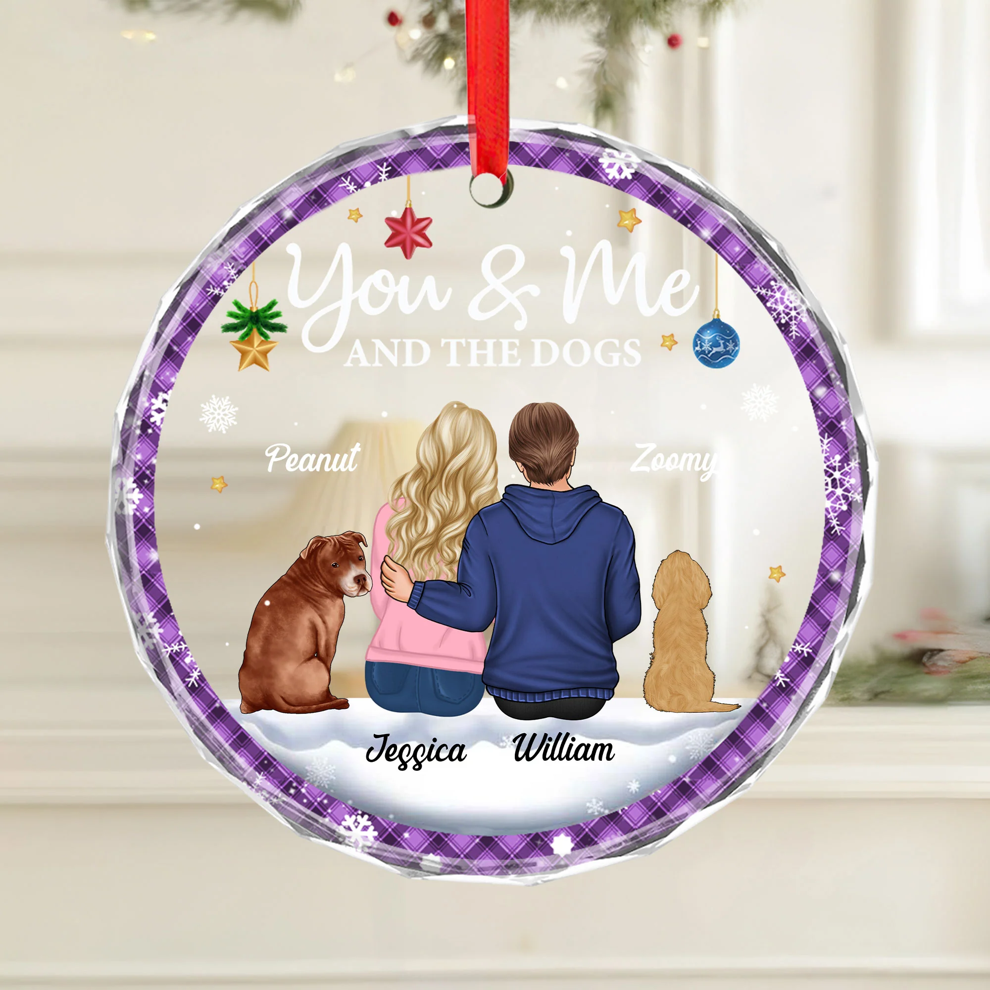 Personalized Christmas Ornament - "You & Me & The Dogs" Crystal Circle Design - Image 2