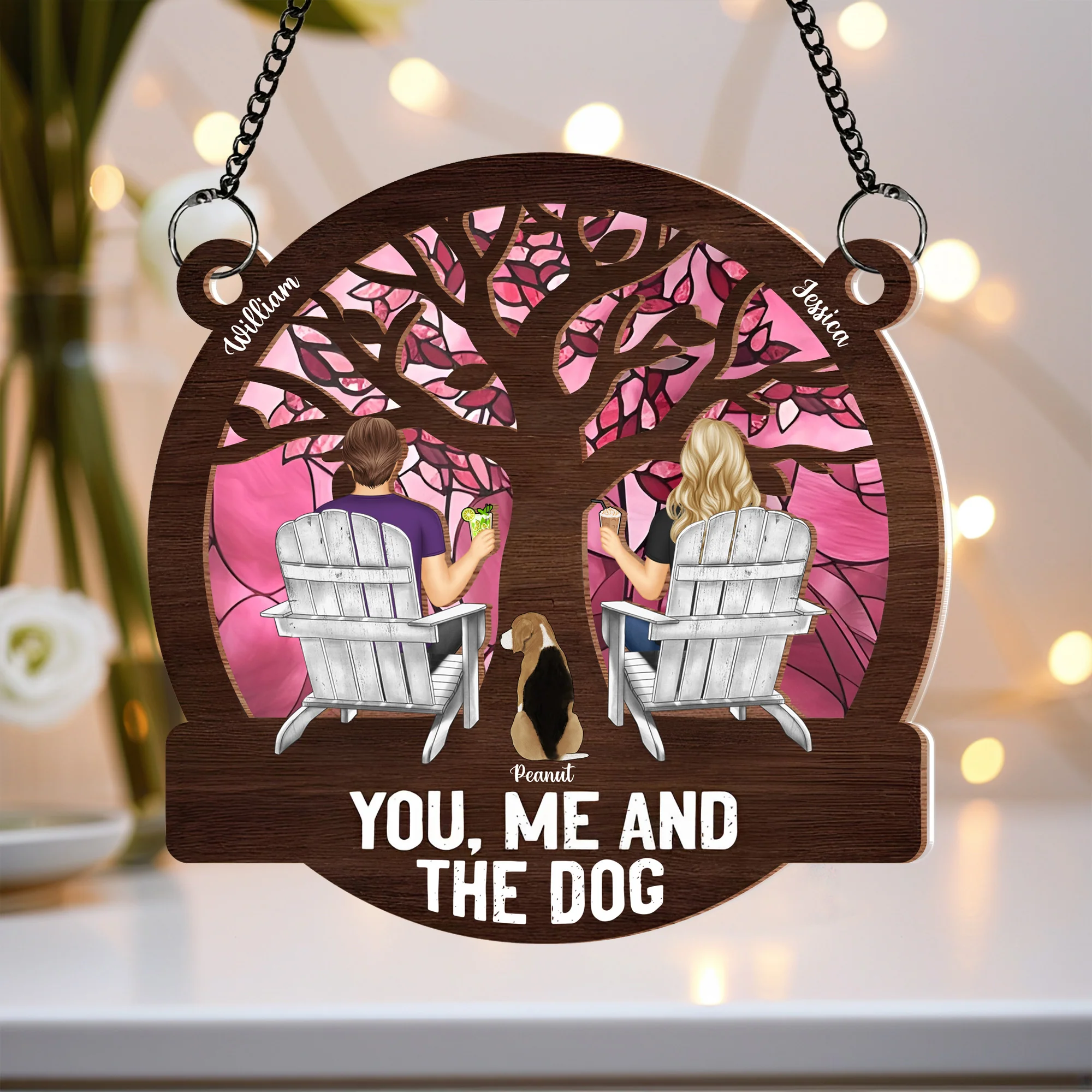 "Raising a Toast Through the Seasons - Custom Couple & Dog Ornament, A Heartwarming Gift for Wife or Husband" - Image 3