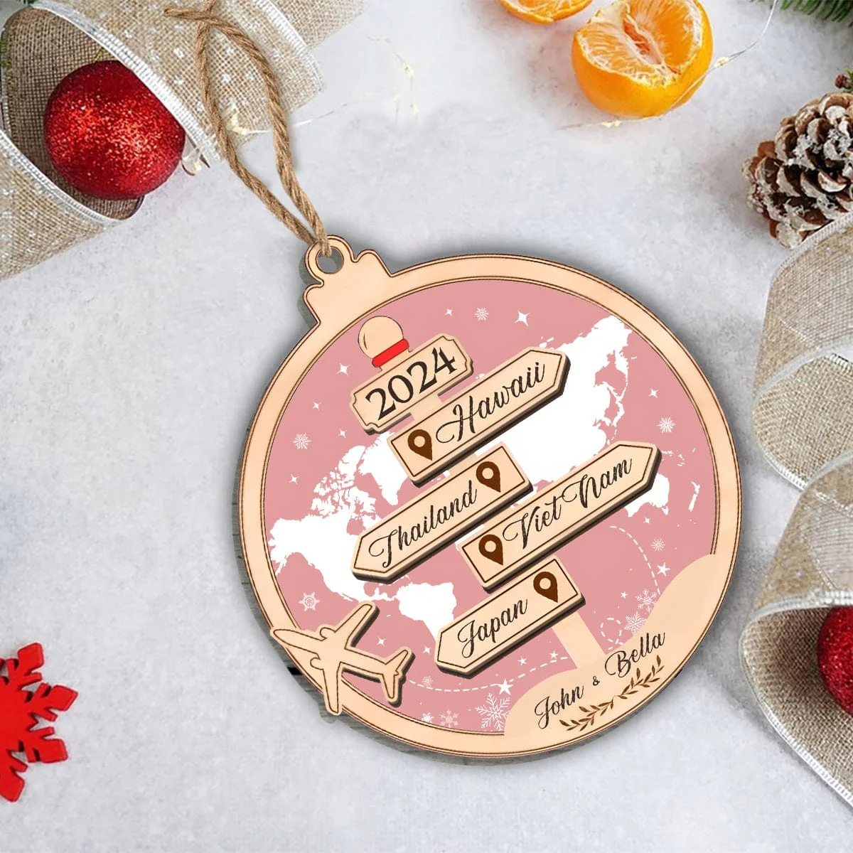 Wooden Travel-Themed Ornament – “Romantic Travel Memories” Personalized Decoration for Valentine’s and Christmas Couples’ Gift - Image 2