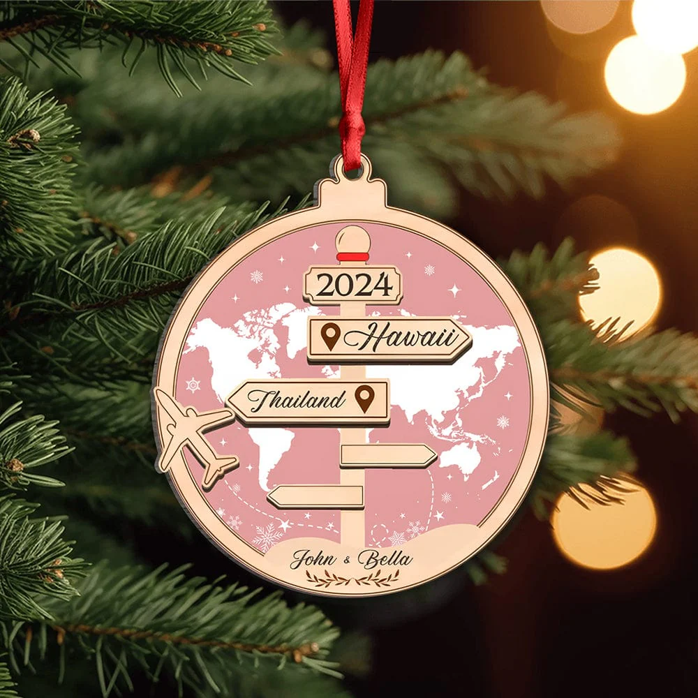 Wooden Travel-Themed Ornament – “Romantic Travel Memories” Personalized Decoration for Valentine’s and Christmas Couples’ Gift - Image 3