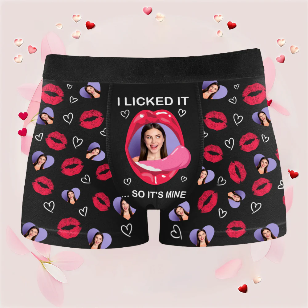 "I Licked It So It’s Mine – Funny Personalized Boxer Briefs for Husband with Your Face" - Image 2