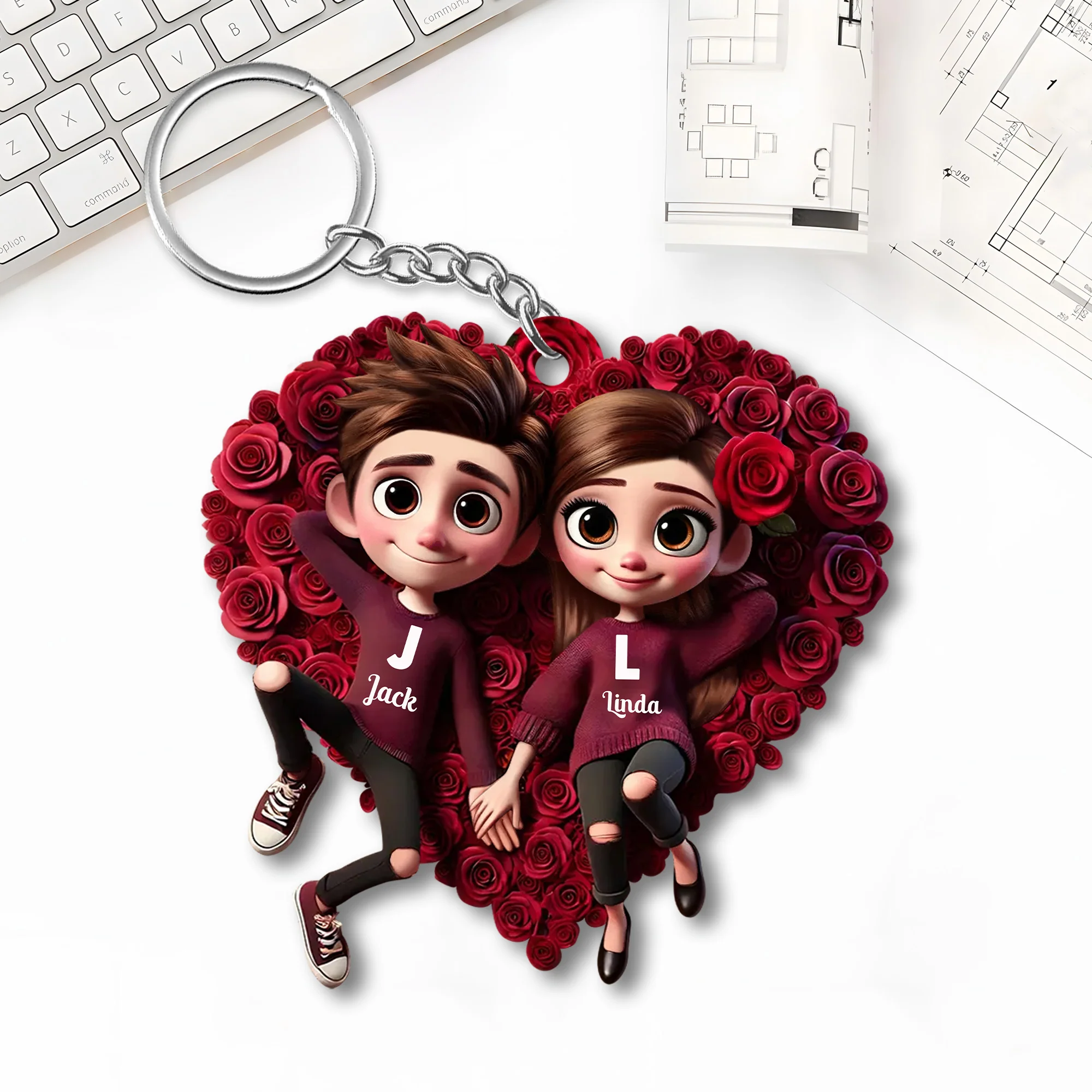 Romantic Rose Heart Couple Keychain - Personalized Valentine's Day Gift - Image 2