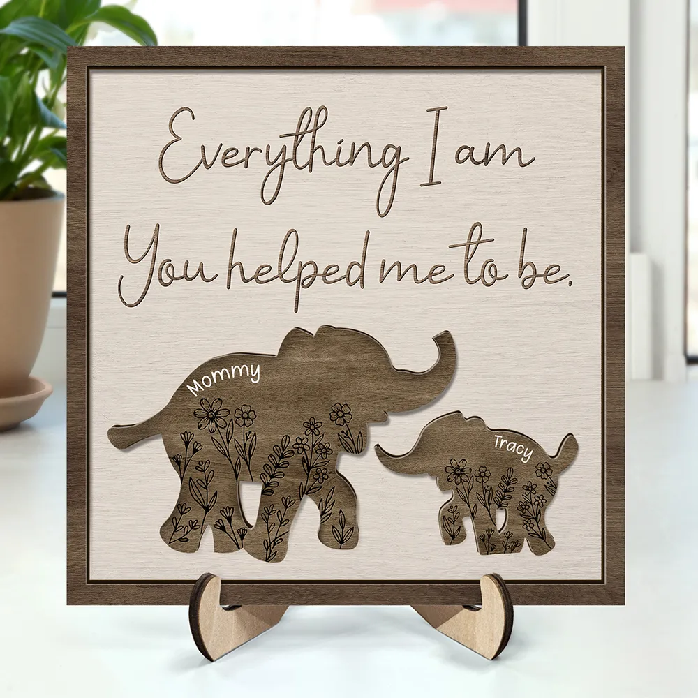 Personalized Mother-Child Elephant Wooden Plaque – Custom Gift
