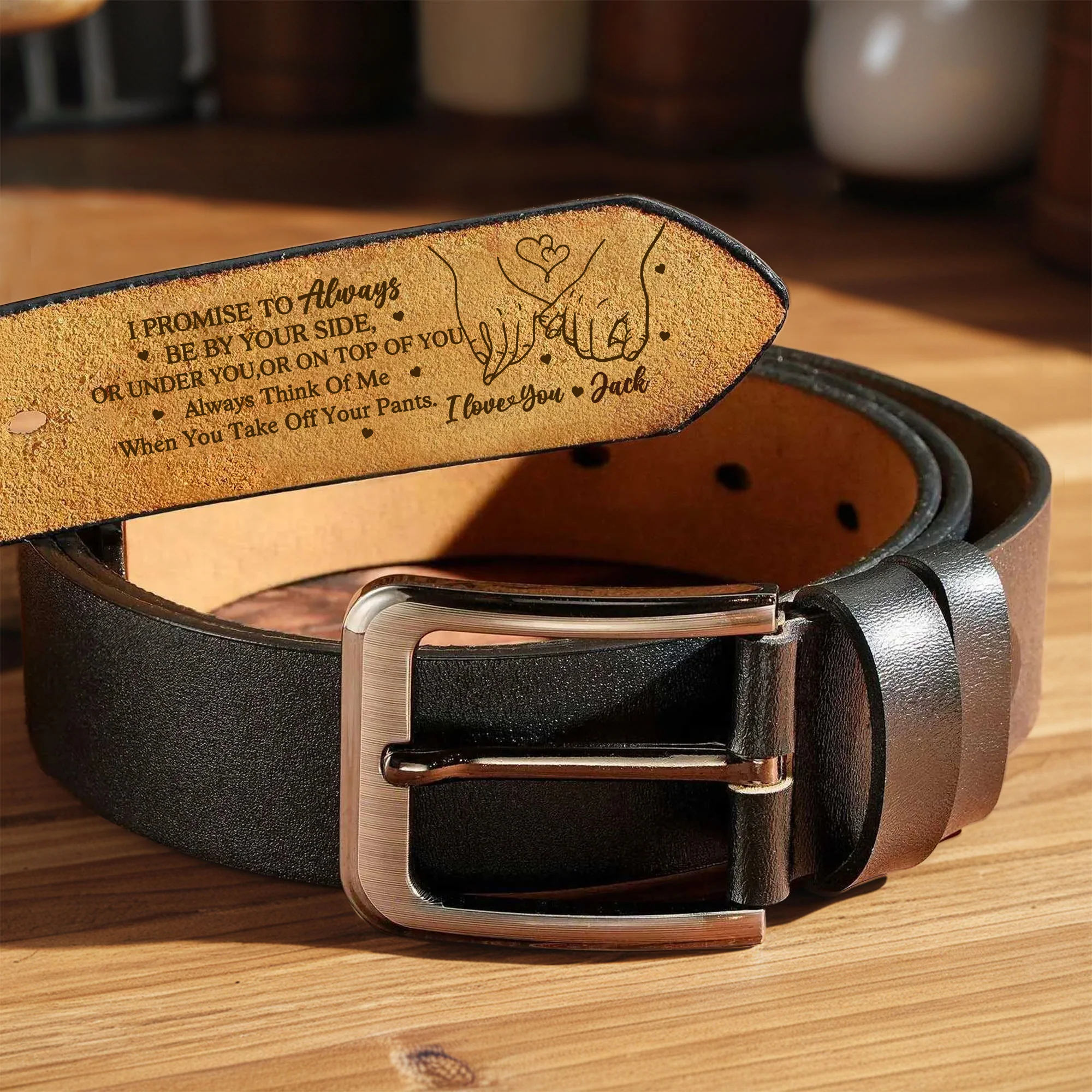 "I Promise To Always Be By Your Side" Personalized Engraved Leather Belt – Perfect Couples Gift