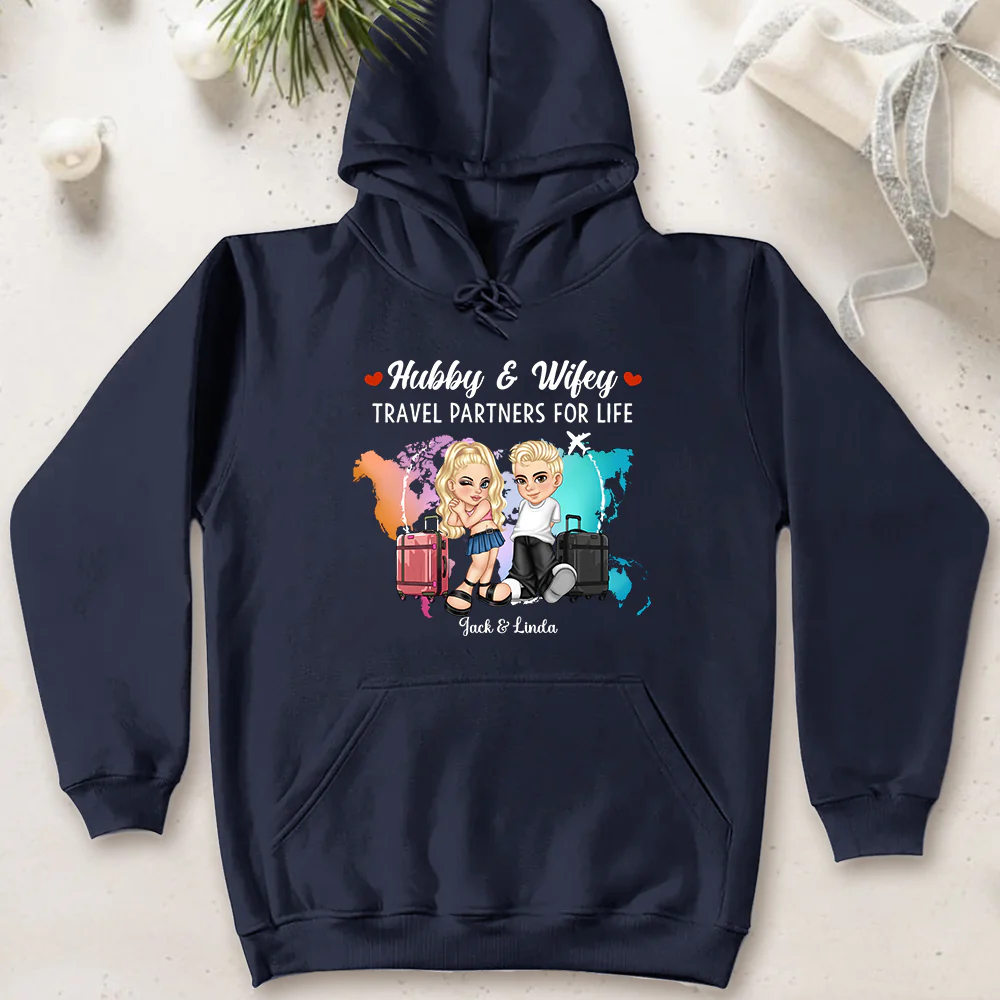 Hubby & Wifey Travel Theme T-Shirt – Personalized Couple Clothing - Image 2
