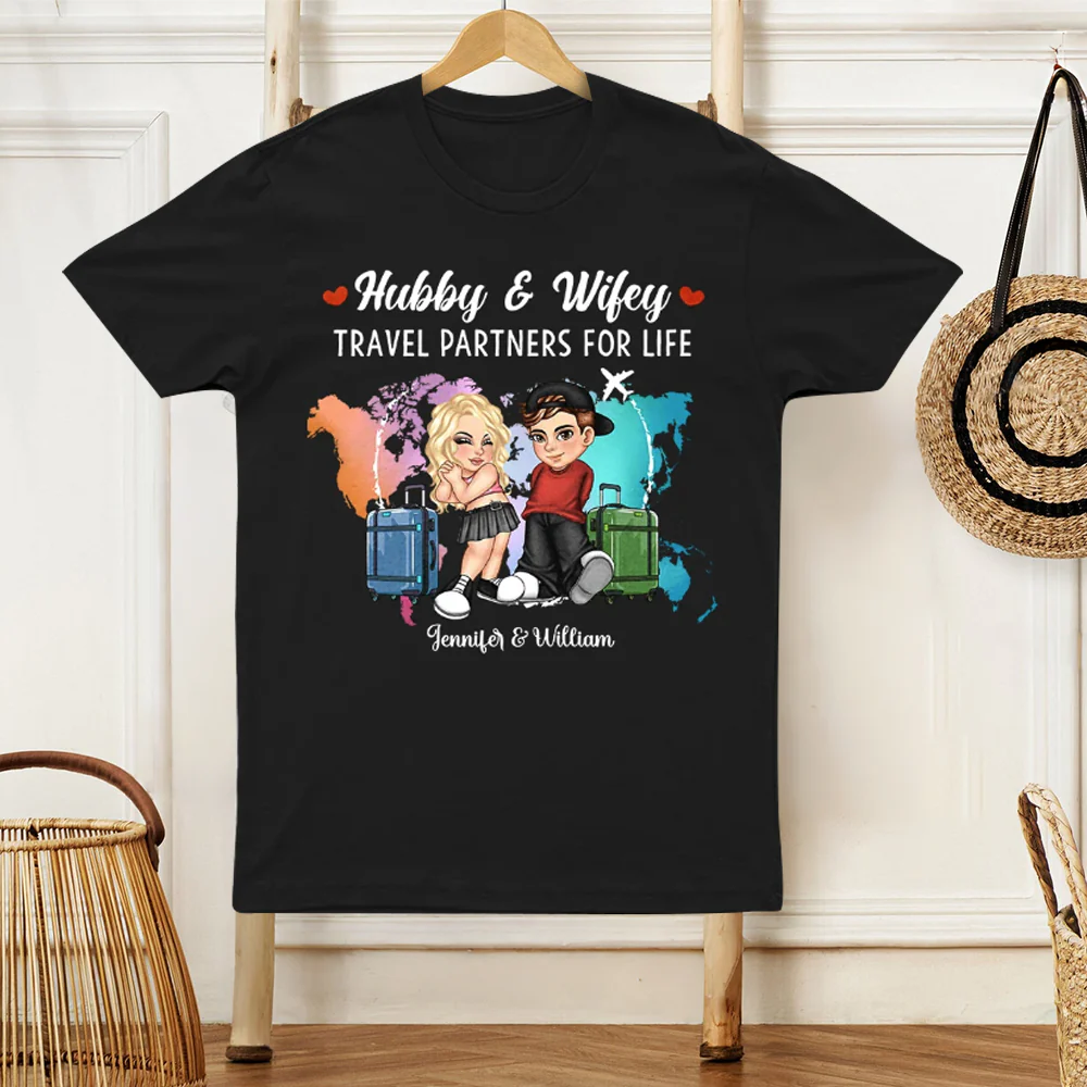 Hubby & Wifey Travel Theme T-Shirt – Personalized Couple Clothing - Image 3