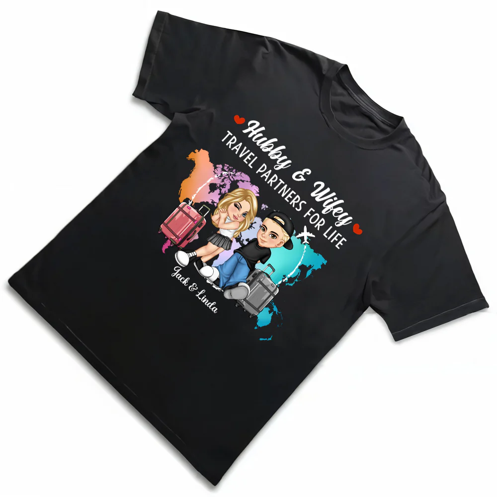 Hubby & Wifey Travel Theme T-Shirt – Personalized Couple Clothing - Image 4