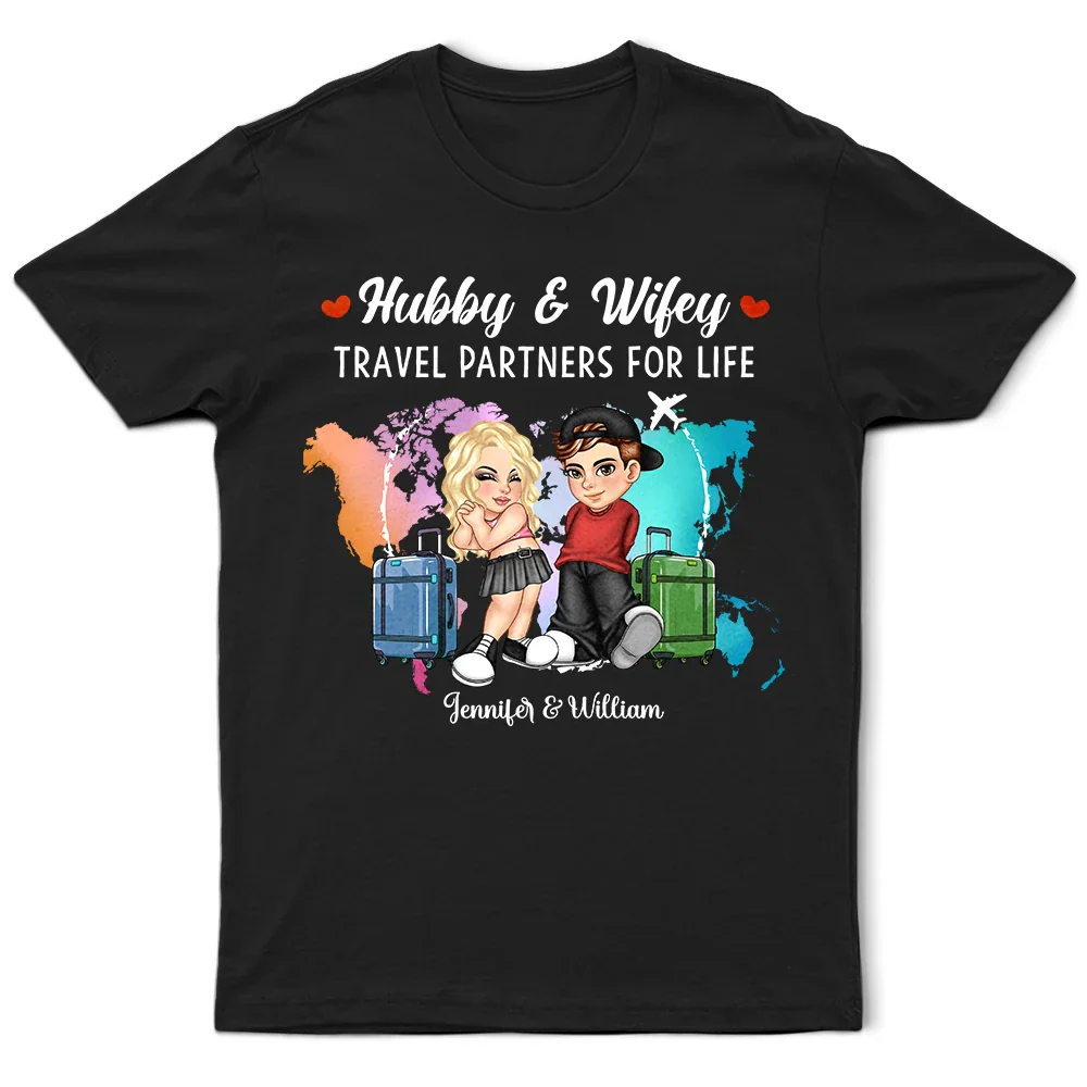 Hubby & Wifey Travel Theme T-Shirt – Personalized Couple Clothing - Image 5