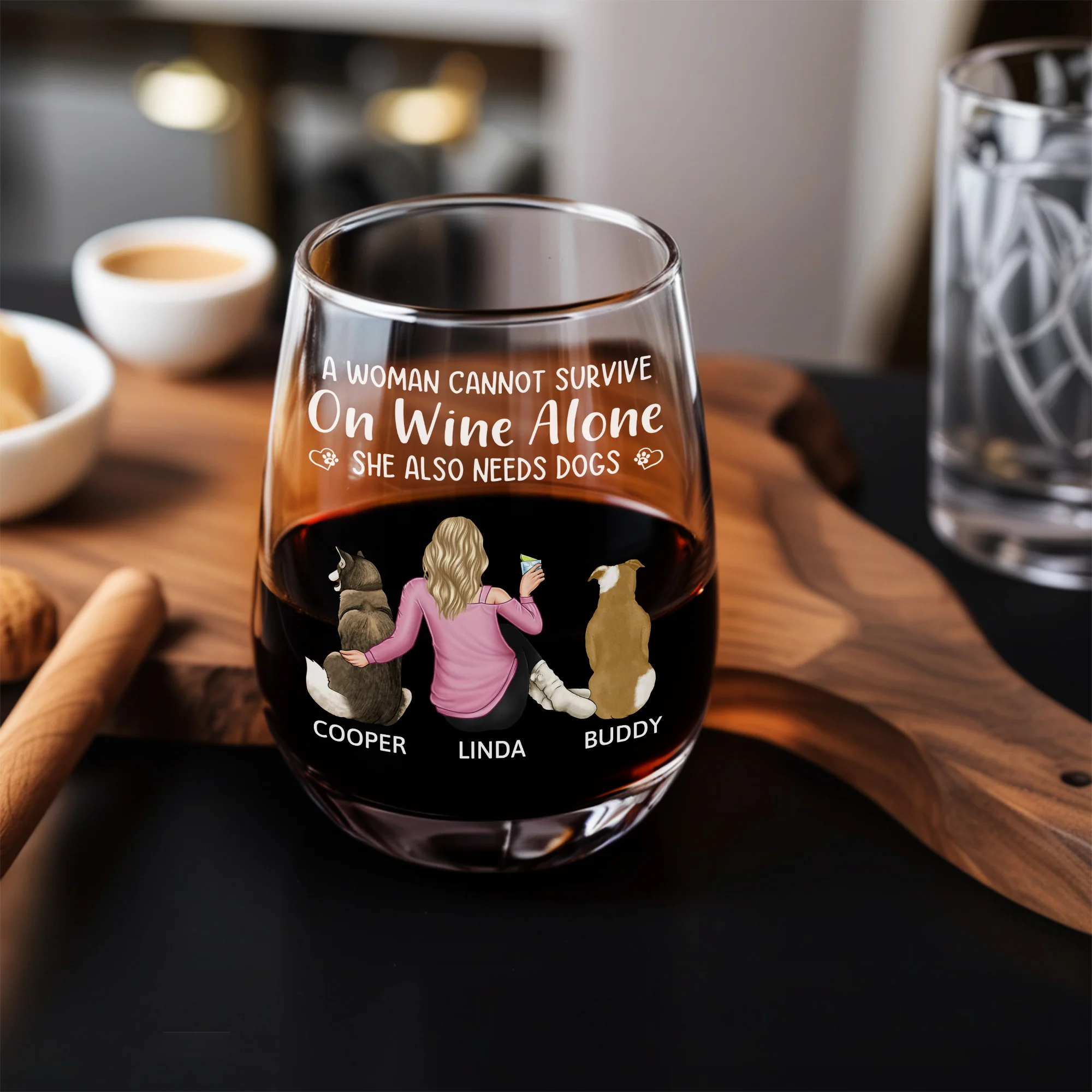 “Wine and Dogs Are Essential” Personalized Stemless Wine Glass - Valentine’s Day Gift - Perfect for Dog Moms/Dads - Beach Scene Design - Image 2