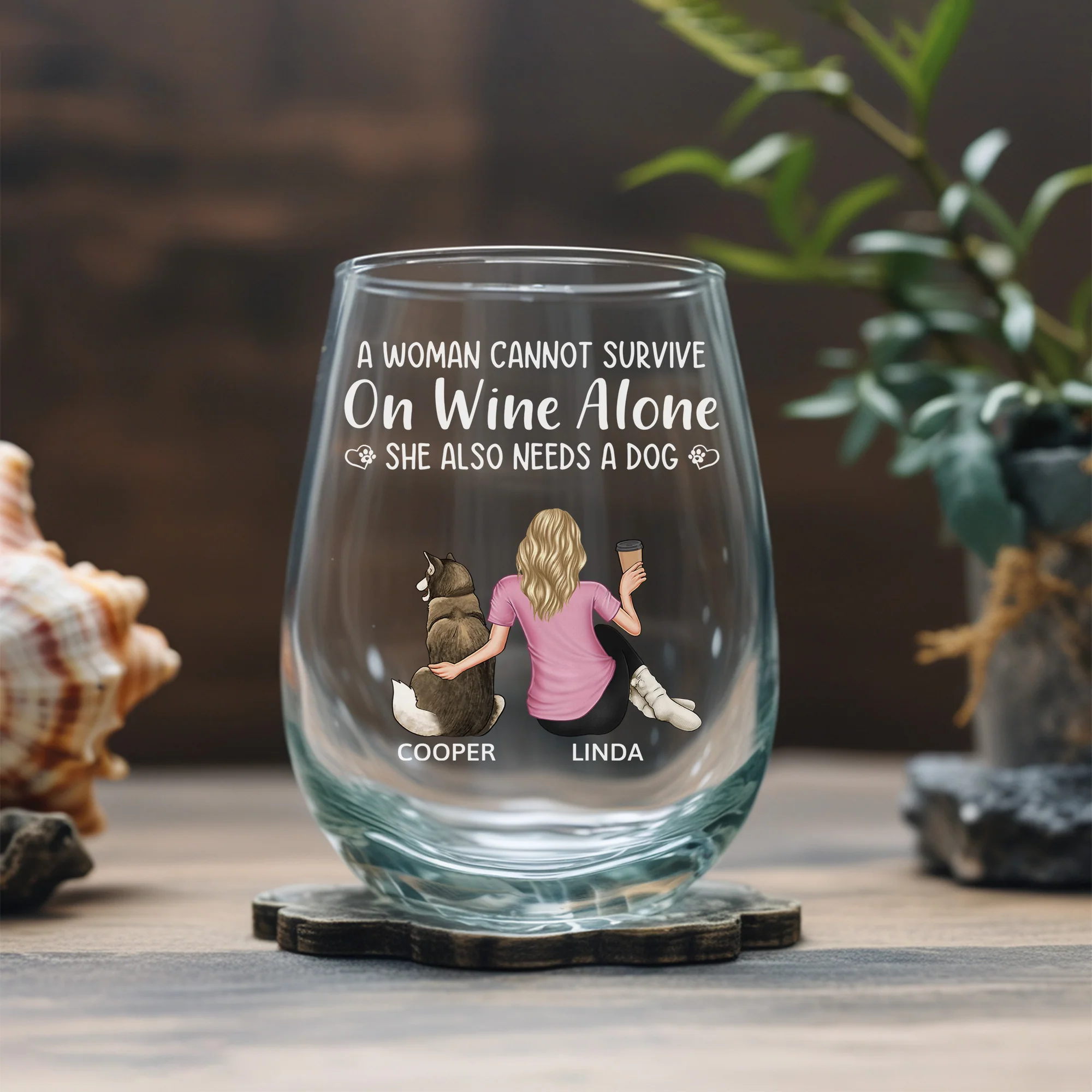 “Wine and Dogs Are Essential” Personalized Stemless Wine Glass - Valentine’s Day Gift - Perfect for Dog Moms/Dads - Beach Scene Design - Image 3