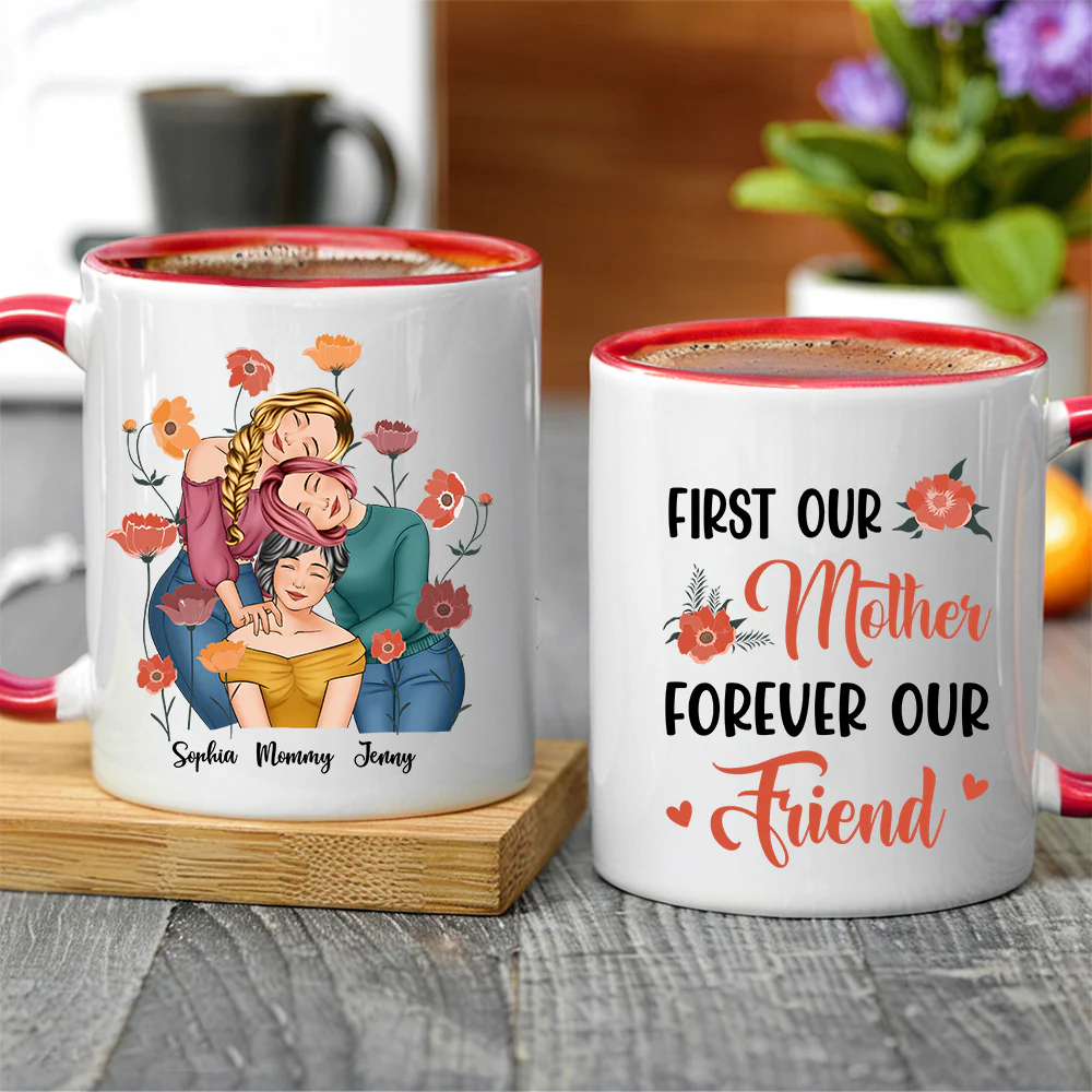Personalized Gift for Mother or Daughter – Ceramic Mug Featuring Hugging Scene with 'First Our Mother, Forever Our Friend' - Image 3