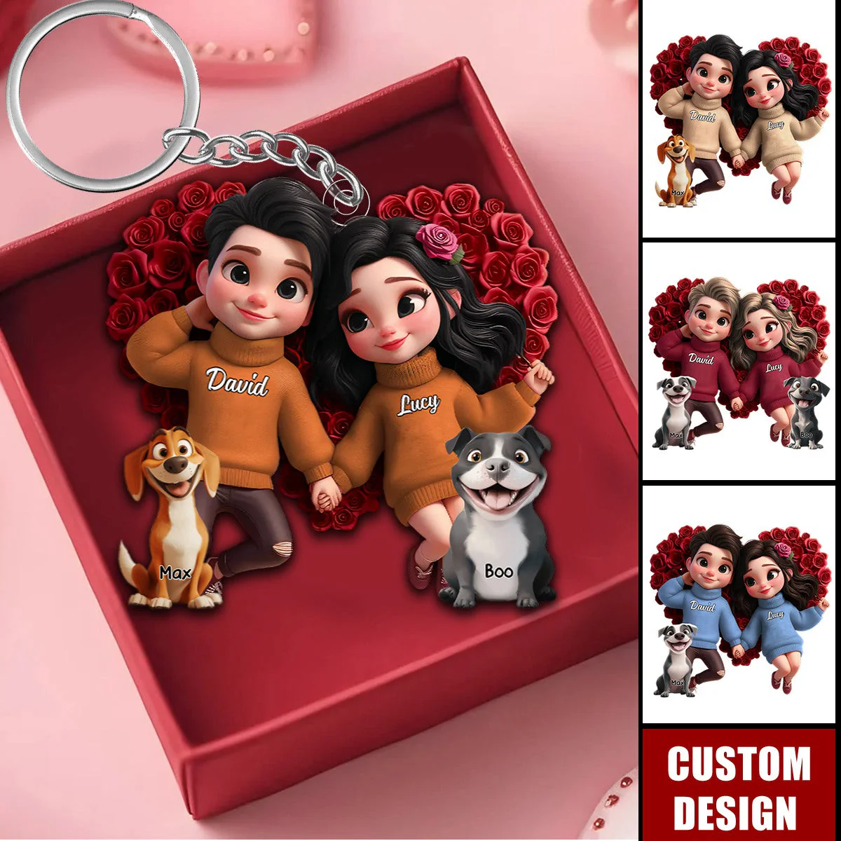 Personalized Acrylic Keychain – Cute Cartoon Couple with Their Dog, Holding Hands Surrounded by Roses, Custom Love Keepsake for Couples, Families or Dog Loves - Image 5